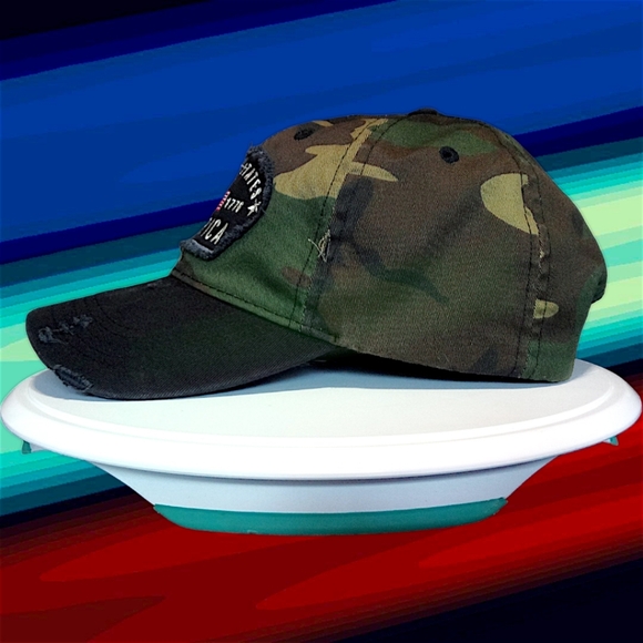 New Distressed Camouflage Denim Strap Back Dad Hat | Patriotic Patch | Unbranded - Picture 5 of 16